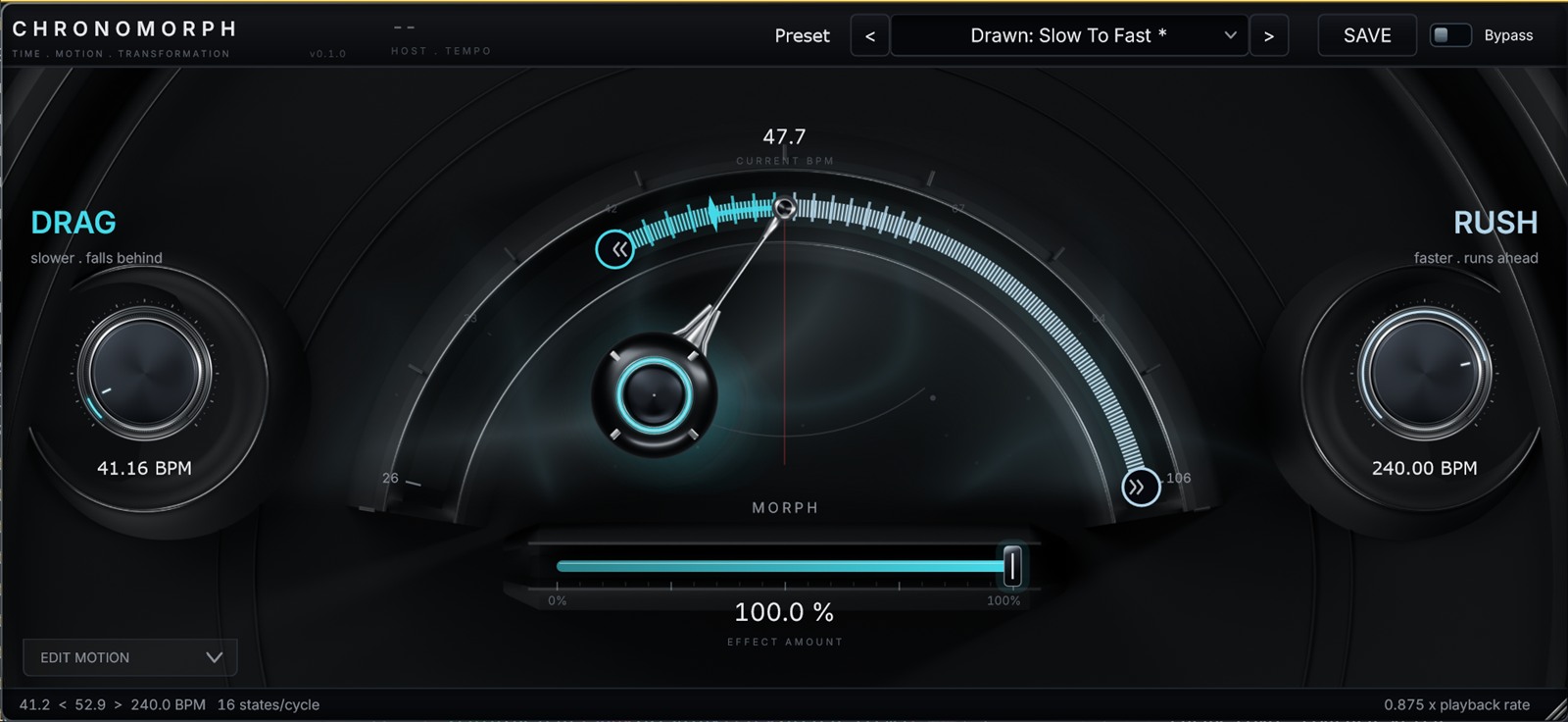 CHRONOMORPH compact view: DRAG and RUSH dials either side of the MORPH meter, with the effect amount slider below